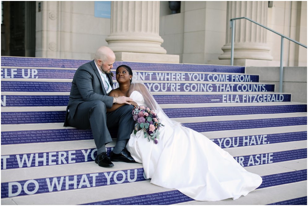 Richmond Virginia Wedding with couple at the steps of a museum
