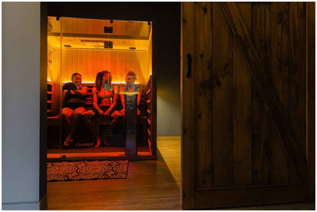 Brand photography for Purify, which is a red light therapy sauna in Richmond, Virginia featuring friends laughing and having fun.
