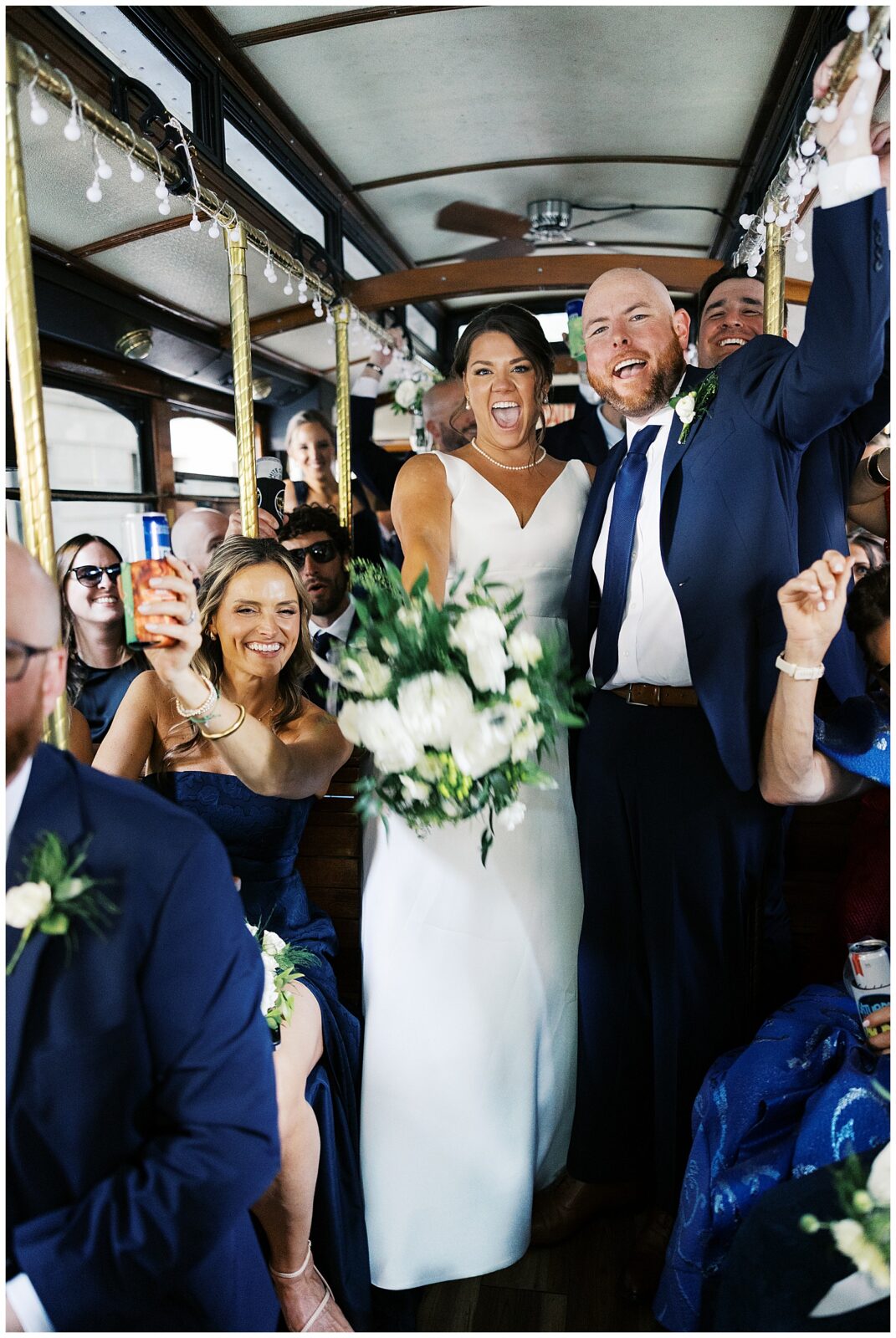 Bride, Groom and Wedding Party, Party on Private Trolley Transportation
