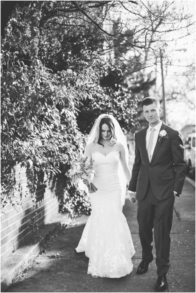 Black and white photo of a bride and groom for their VMFA wedding