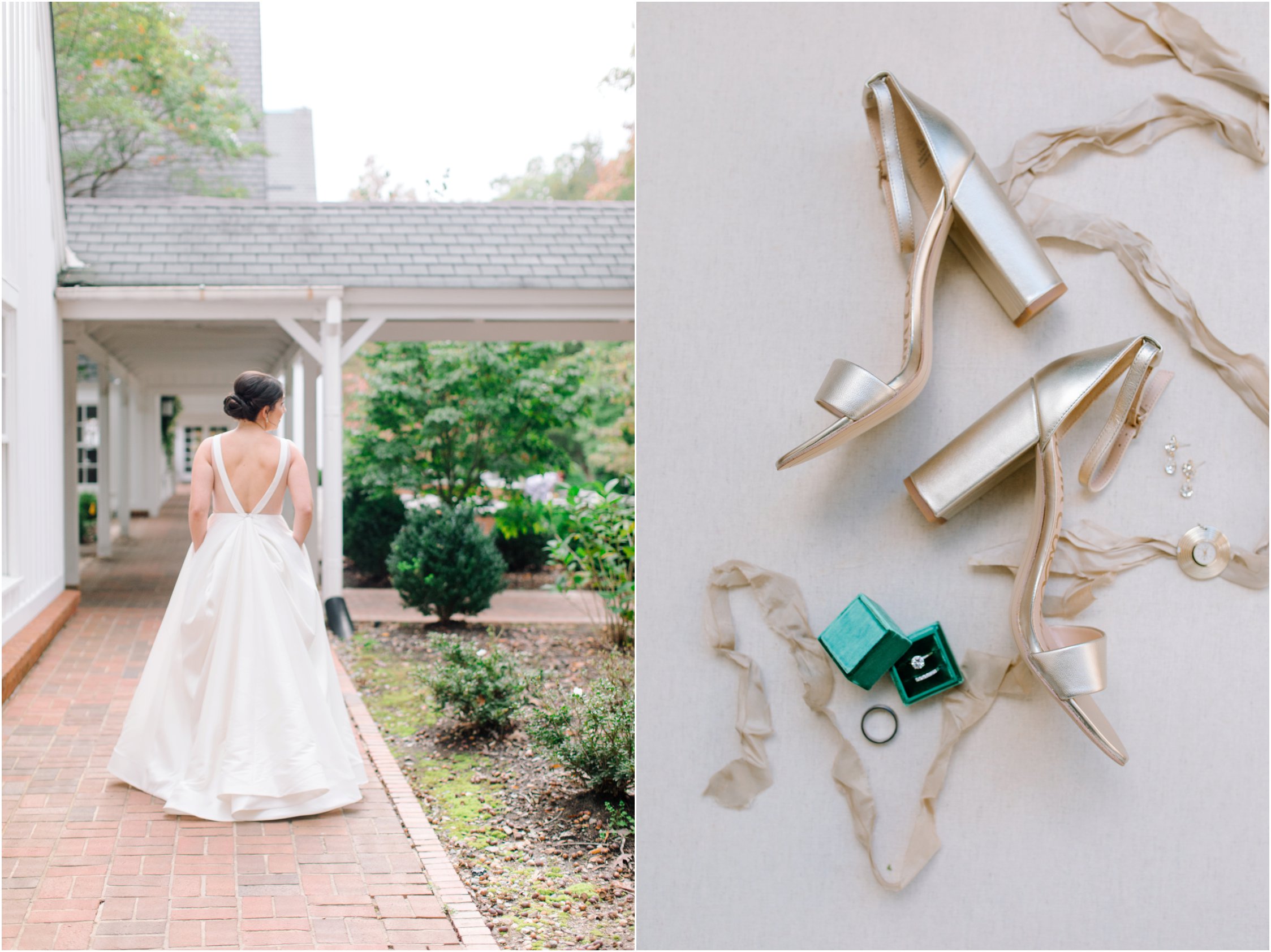 A gallery with the bride's shoes, rings and her dress